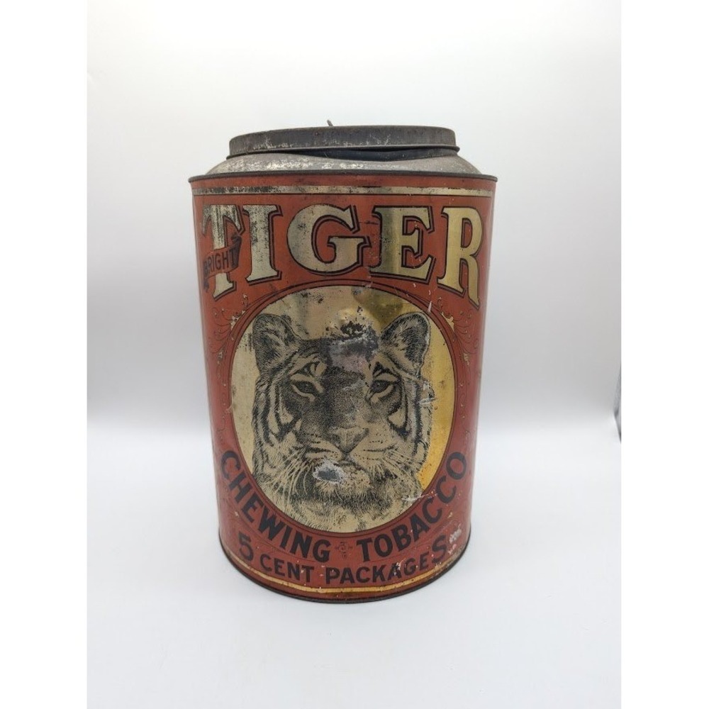 Antique Large Bright Tiger Chewing Tobacco Advertising Tin Store Display‎ Round